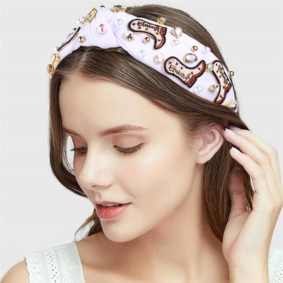 Western Cowgirl Headband Beaded Rhinestone Pearl Top Knot for Country Concert main image 7